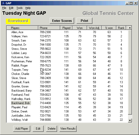 GAP tennis software
